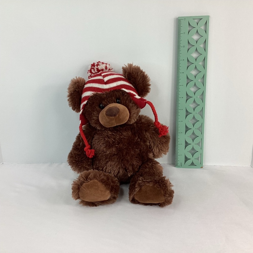Gund Plush Brown Bear Stuffed Animal Red White Stripe Hat Winter Christmas 2014 - Picture 8 of 9